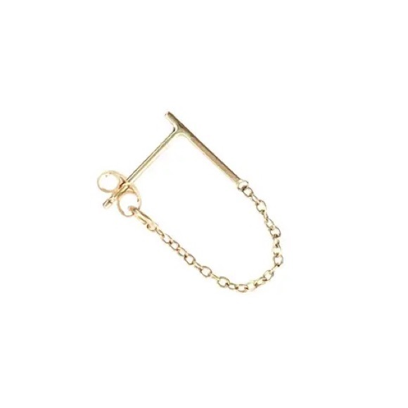 Solid 14k Yellow Gold Delicate Ballerina Bar Stud Chain Earring Dainty Piercing - Picture 3 of 6